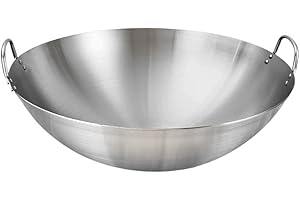 Kichvoe 12.5 * 3.8Inch Wok Pan Stainless Steel Wok Grilling Wok Griddle Stir Fry Pan Roung Bottom Chinese Wok with Double Handle