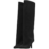 Trelako Women's Knee High Boots Nude Suede Wide Calf Stiletto Long Booties Square Toe Pull On High Heel Riding Boots for Women Ladies Fahion Dress Tall Boots