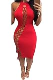 Merry21 Womem's Halter Criss Cross Bandage Hollow Out Cut Out Midi Dress Red M