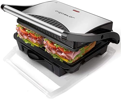 Aigostar Hett 30HHJ - Grill multifonction, plancha, presse à paninis, appareil à sandwichs. 1000W, plaques anti-adhésives, poignée froide. Sans BPA. Couleur argent et noir. Design exclusif.