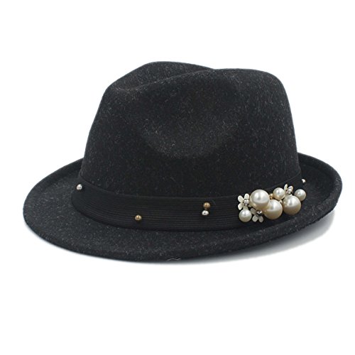 Wool Hat, 100% Wool Women Felt Fedora Hat For Elegant Lady Gangster Trilby Homburg Panama Jazz Caps, by jdon-hats, (Color : Black, Size : 57-58cm)