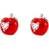 Cute Red Apple CZ Heart Cartilage Tragus Stud Earrings Stainless Steel Enamel Fruit Screw Flat Back Tiny Small Studs Earring Dainty Jewelry for Women Daughter Her 20G