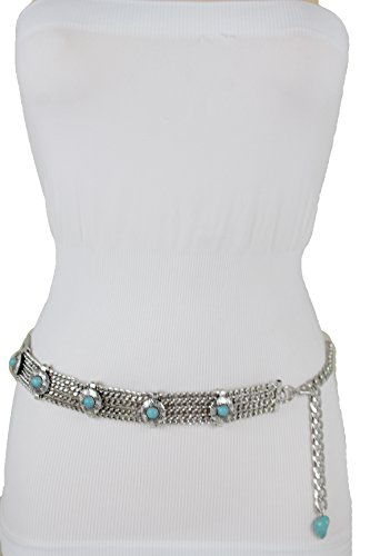TFJ Women Ethnic Bohemian Fashion Vintage Belt Silver Metal Chain Turquoise Blue Beads XS S M