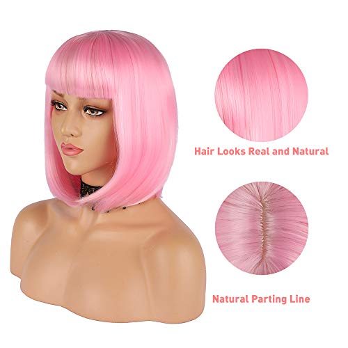 eNilecor Short Bob Hair Wigs 12" Straight with Flat Bangs Synthetic Colorful Cosplay Daily Party Wig for Women Natural As Real Hair+ Free Wig Cap (Light Pink)