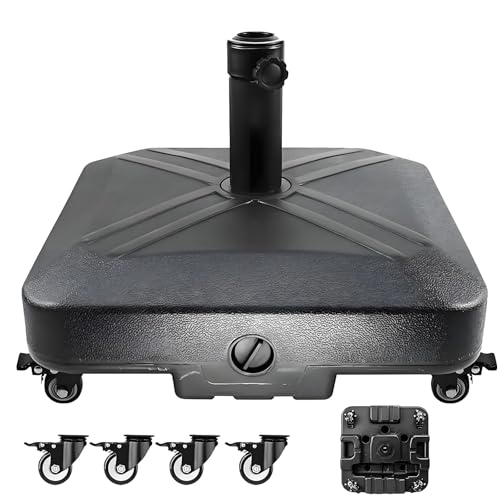 Homodoskey Patio Umbrella Base with Wheels, 125 lbs Capacity Umbrella Stand Base Heavy Duty For Outdoor Patio Deck Poolside Garden Beach, Fillable with Sand or Water, 48 * 48 * 39Cm Black