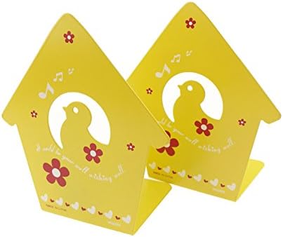 A Pair of Cute Baby Birds Singing Theme with Flowers Heart-Shaped Pattern Solid Metal Book Stand Bookends Art for Kids Childrens Bedroom Library School Desk Study Gift (Yellow)