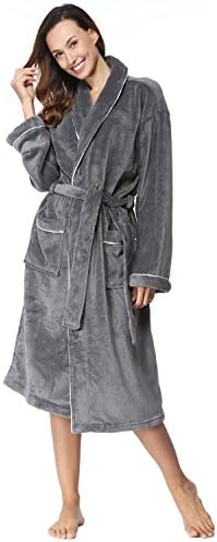 Herringbone Women's Cream Border Edge Grey Soft Spa Bathrobe with Kimono Shawl Collar