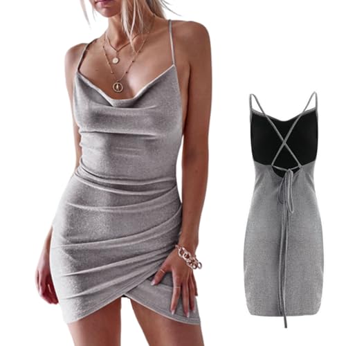Hybursky Women Glitter Mini Dress, Sparkly Spaghetti Strap Sleeveless Lace Up Short Dress, Deep-V Neck Backless Ruched Bodycon Dresses for Cocktail Rave Party Disco Clubwear Outfit (Silver-L)