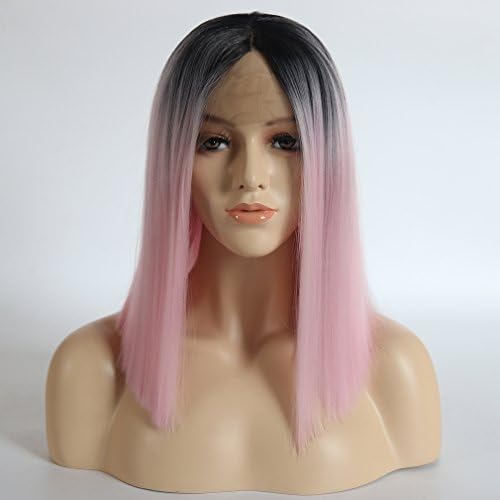 Lanting Ombre Pink 2 Tones Synthetic Lace Front Wig Dark Roots Silk Straight Short Bob Hair Wigs For Women Heat Resistant Fiber Hair Half Hand Tied 12Inch
