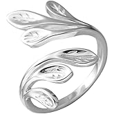 Dainty Leaf Stacking Statement Ring for Women Silver Plated Adjustable Expandable Floral Leaves Open Wide Wrap Finger Rings Comfort Fit Elegant Holiday Engagement Jewelry Gift