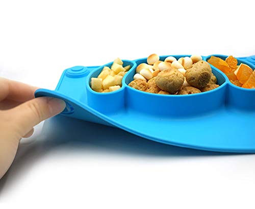 Baby Silicone Suction Placemat + Plates - Food Feeding Divided Mat for Kids and Toddlers Fits Most Highchair Trays - Easily Wipe Clean - Dishwasher and Microwave Safe (Blue & Green)