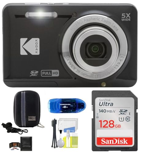 Kodak Pixpro FZ55 Digital Camera (Black) Bundle, Includes: SanDisk 128GB Memory Card, Hard Shell Camera Case, SD Card Reader and More (6 Items)