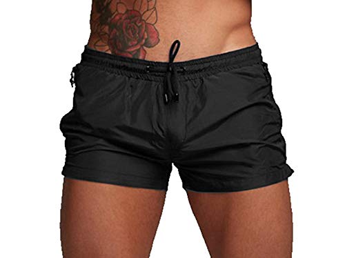 TONLEN Mens Swimwear Sports Shorts Swim Trunks with Zipper Pockets Black L