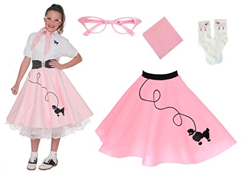 Hip Hop 50s Shop 4 Piece Child Poodle Skirt Costume Set, Size Large Light Pink