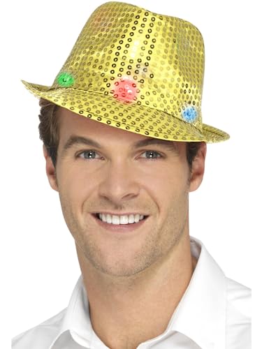 Smiffys Leuchtender Pailletten-Trilby-Hut, Gold, mit LED-Multifunktionsleuchten Halloween und Karneval