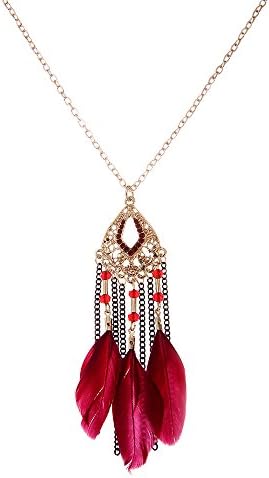 Yamao Women's Vintage Beaded Chains Long Feather Tassel Necklace-Red (nl047-3)