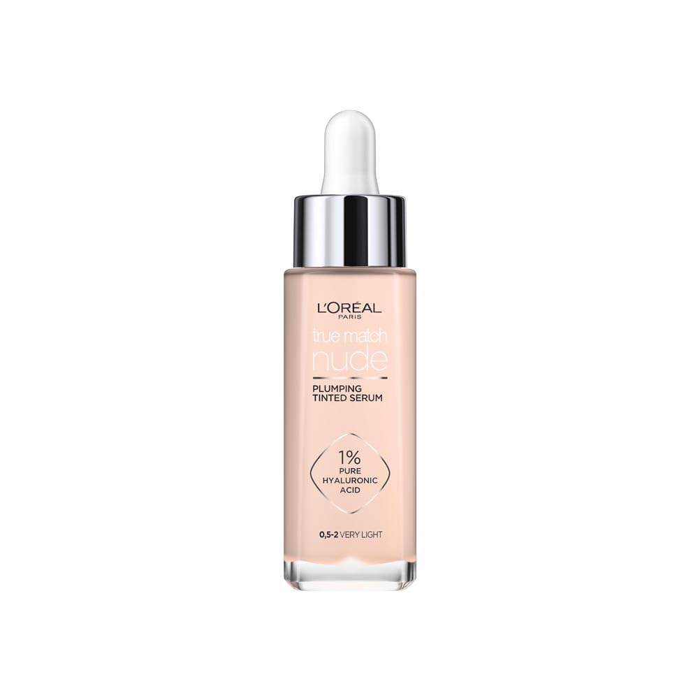 L'Oréal Paris Nude Tinted Serum for Face, Plumping and Hydrating Face Makeup, 1 Percent Pure Hyaluronic Acid, Nude Foundation to Cover, Replumps and Hydrates Skin in One Hour, Shade 0.5-2 Very Light