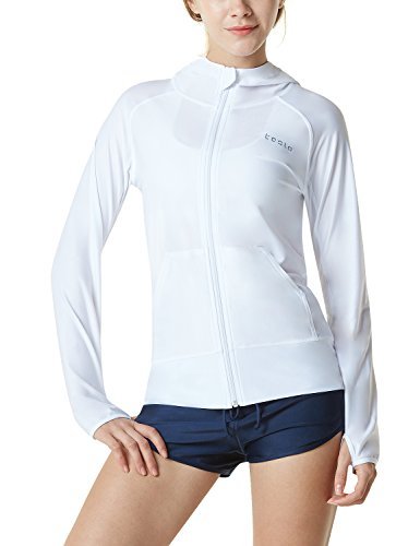 TSLA TM-FSZ02-WHT_Medium Women's UPF 50+ Hoodie Zip Front Long Sleeve Top Rashguard Swimsuit FSZ02