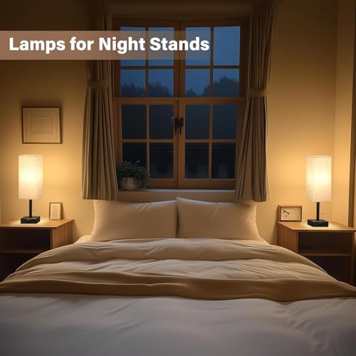 Bedside Table Lamps, Set of 2 - Small Rectangular Nightstand Lamp with AC Outlet Charging Port, 3 Color Temperatures Desk Light with Bulb, Tabletop Reading Lamp for Living Room, Dorm, Office