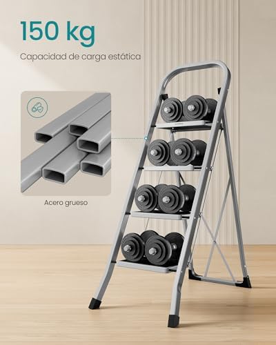 Escada de degraus, escada com 4 degraus, degrau dobrável, fechadura de segurança, fácil de arrumar, carga até 150 kg, Dove Gray GSL004G01