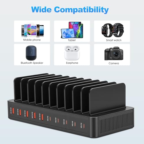 HISUEKIG USB Charging Dock, 10 Ports 15 W Charging Station with 10 Cables, Phone Charger Stand, Portable Phone Charging Station (Black)