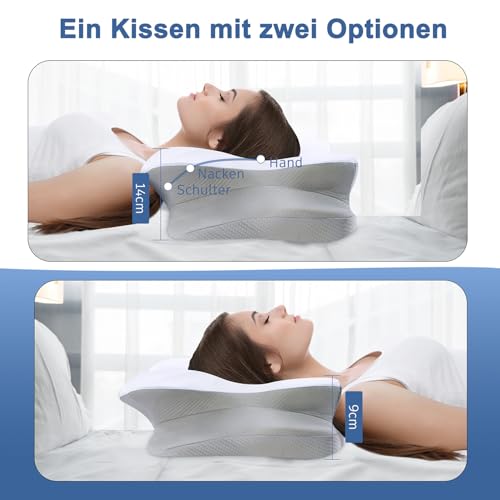 DONAMA Memory Foam Nackenkissen Ergonomisch, Kopfkissen mit Armauflage & Zwei Höhen, Kühlend & Atmungsaktiv, 6-Zonen-Kontur, Nackenstützung für alle Schlafpositionen