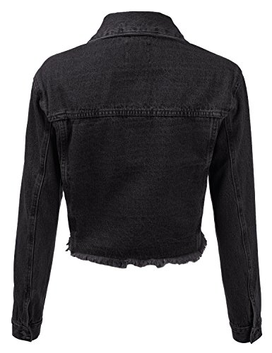 DRESSIS Womens Vintage Button Down Destroyed Cropped Denim Jacket Black M - Thumbnail 2