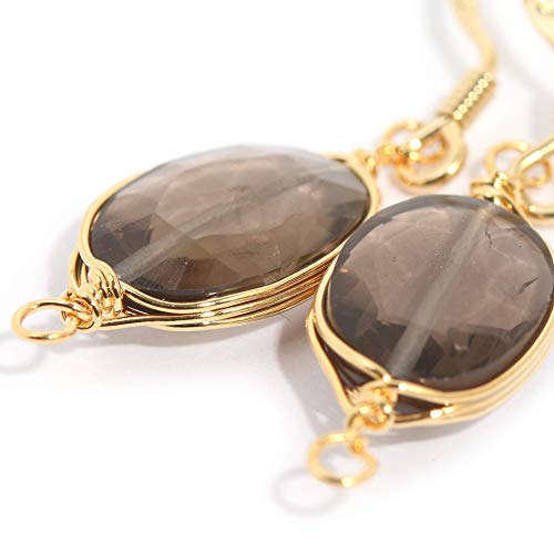 Natural Stone Wire Wrap Dangle Drop Earrings Gold Plated 925 Sterling Silver Hook/Smoky Quartz Oval
