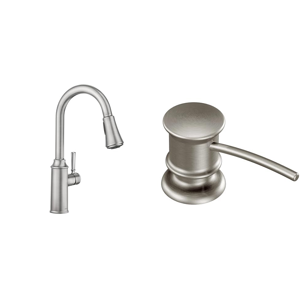 Moen Conneaut Spot Resist Stainless One-Handle High Arc Kitchen Sink Faucet with Power Boost Pull Down Sprayer, 87801SRS + Deck Mounted Kitchen Soap Dispenser with Refillable Bottle, 3944SRS Image Moen Conneaut Spot Resist Stainless One-Handle High Arc Kitchen Sink Faucet with Power Boost Pull Down Sprayer, 87801SRS + Deck Mounted Kitchen Soap Dispenser with Refillable Bottle, 3944SRS Image