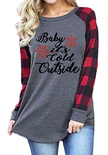 Plus Size Baby It's Cold Outside Christmas T Shirt Women Long Sleeve Plaid Splicing Tops Blouse Size XL (Gray)