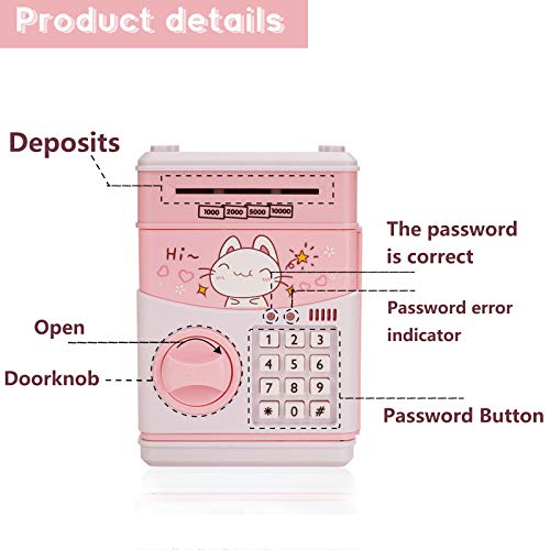 Mini ATM Savings Piggy Banks Toys for Real Money Save for Kids Girls Boys Adults, Electronic ATM Machine Coin Bank Money Saver Digital Password, Auto Scroll Cash Safe Box Gifts for Children Pink Cat