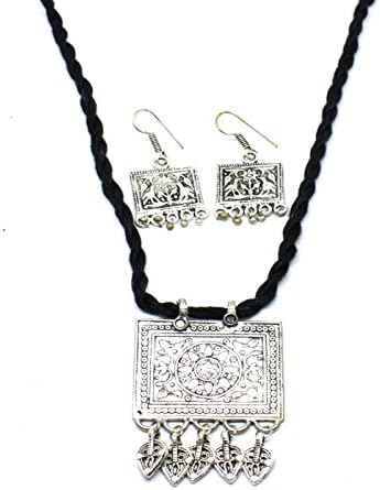 GiftPiper Ethnic Sterling Silver Native American Pendant Earring Set Black Thread Necklace