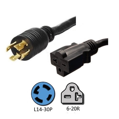 NEMA L14-30P to 6-15/20R Plug Adapter - 1 Foot, 20A/250V, 12/3 AWG - Iron Box # IBX-1462-01