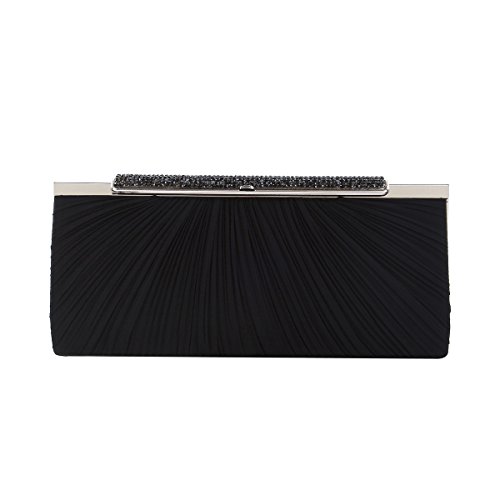 Elegant Pleated Satin w/ Crystal Top Hard Frame Clutch Evening Bag, Black