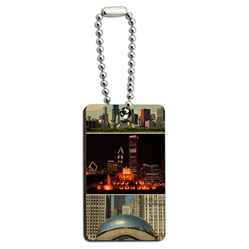 Chicago - Bean Buckingham Fountain City Skyline Wood Wooden Rectangle Key Chain