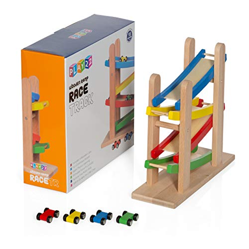 Play22 Wooden Car Ramps Race 4 Level Toy Car Ramp Race Track Includes