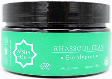 100% Pure Organic Moroccan Rhassoul Clay Aisha Oil - Hair, Face, Body Mask (250ml - 8fl/oz, Clay Eucalyptus)