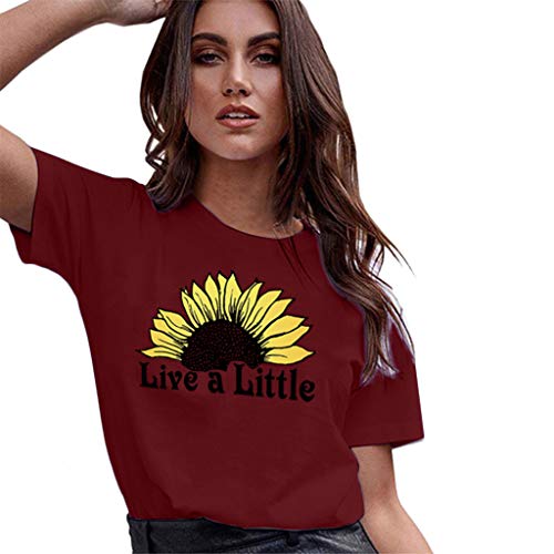 Womens T Shirt Live a Little Letter Print Short Sleeve Blouse Sunflower Funny Graphic Tee Tops Red