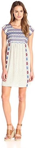 THML Women's Print Babydoll Dress with Embroidery and Blanket Stitching