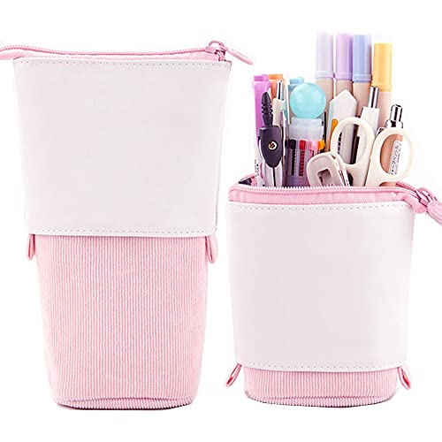 Friinder Telescopic Pencil Bag Pen Holder Stationery Case, PU Corduroy Stand-up Retractable Transformer Bag Colorful Organizer, Great for Christmas Holiday (Pink)