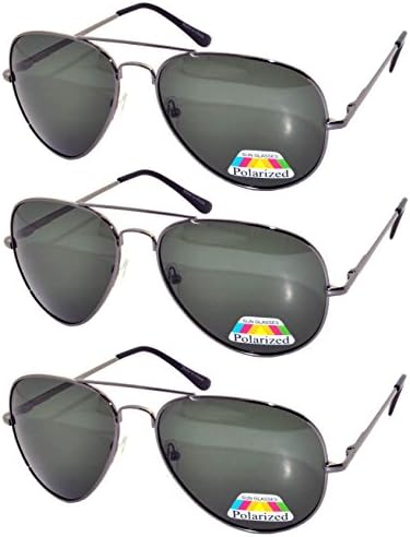 Set of 3 Polarized Classic Aviator Sunglasses Green Lens Gun Metal Frame Spring Hinge