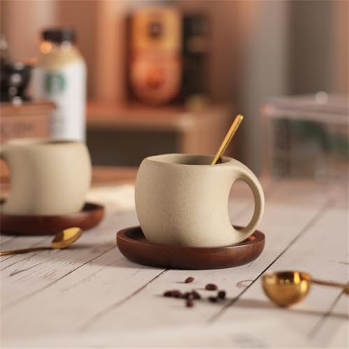 8oz Ceramic Coffee Mug with Acacia Wood Saucer, 240 ml Espresso Cups Set for Latte, Cappuccino, Tea, Unglazed Porcelain Arty Coffee Cup for Home or Office