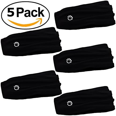 Mens Headband and Guys Sweatband. Stretch Moisture Wicking, Best Yoga and Sports Headband for Men and Women. Optimize your Athletic Performance! (5 Pack-Black)