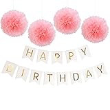 Blulu Happy Birthday Bunting Banner with 4 Pieces Pink Tissue Paper Pom Poms for Birthday Party