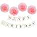 Blulu Happy Birthday Bunting Banner with 4 Pieces Pink Tissue Paper Pom Poms for Birthday Party