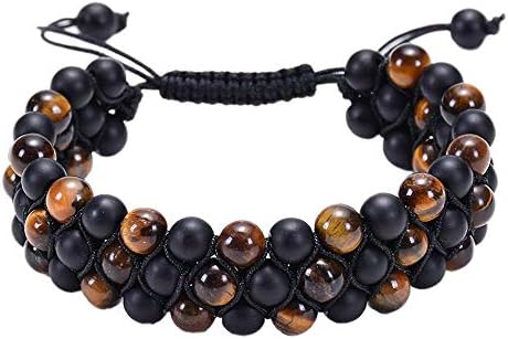 Purmy Women Bracelet Men Bracelet Tiger Eyes Black Matte Healing Stone Energy Stone Three-Layer Bracelet for Men