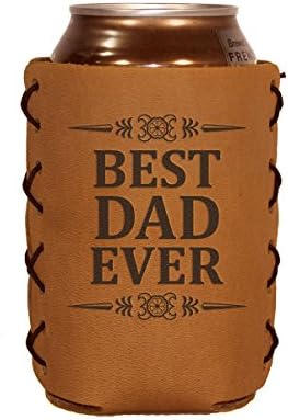 | Best Dad Ever Leather Can Hugger/Holder | Fits 12 to 16 Ounce Cans | Genuine Leather | Great For Sodas, Beer and Seltzer