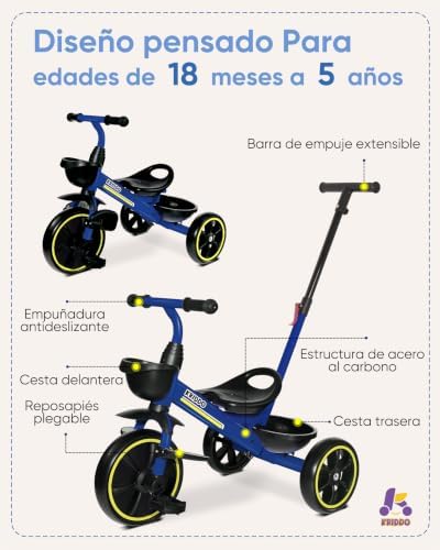 Triciclo Evolutivo, 1,5 a 5 Años, Barra de Empuje Ajustable, Azul