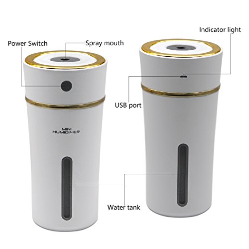 Rechargeable Cool Mist Humidifier White - Azmall 300ml Car Humidifier Portable Cup Humidifier for Car Home Office Baby Living Room Office Yoga with Automatic Shut off, Night Light Function
