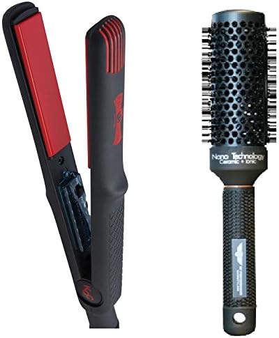 KQC Red Devil Tourmaline / Ceramic Flat Iron (1" inch) with QT Performance Temptress Ceramic Ionic Thermal Brush